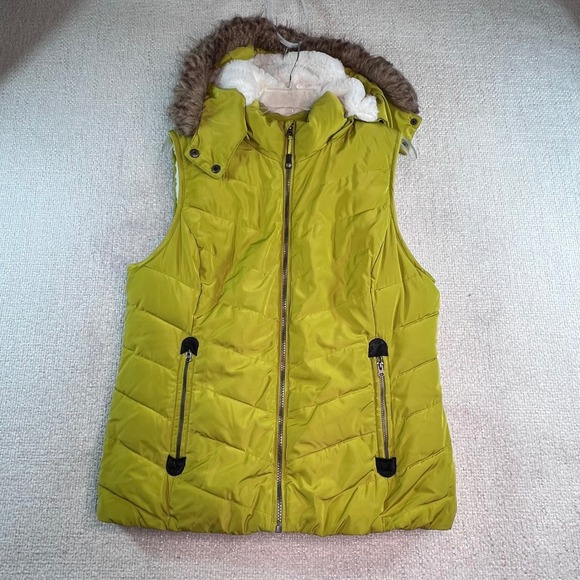 Green Tea Women's Large Puffer Vest Avocado Green Faux Fur Hood Zip - Picture 1 of 9
